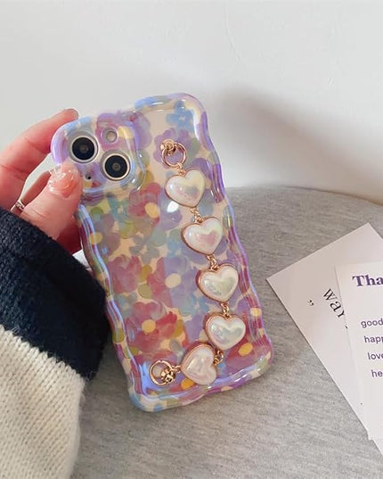 Compatible with iPhone 13 Pro Max Case Soft TPU Sparkling Purple Flower Oil Painting, with Luxury Heart Bracelet, Fashionable Wave Edge Shape, Drop and Shock Resistant, for Women and Girls