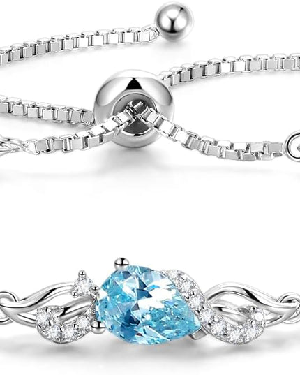 FANCIME Birthstone Teardrop Tennis Bracelet for Women, Sterling Silver 9x7mm main Gemstone Bolo Adjustable Chain Bracelet Fine Jewelry Birthday Gifts for Women Mom Wife Her