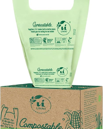 UNNI Compostable T-Shirt Bags with Tie Handles, 3 Gallon / 11.35 Liter, 100 Count, 0.68 mil Small Kitchen Caddy Liners, Certified by BPI, CMA & OK compost HOME, Meets ASTM D6400