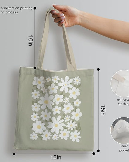 Sage Green Aesthetic Canvas Tote Bags, Floral Cute Flower Tote for Women, Reusable Grocery Shopping Bags