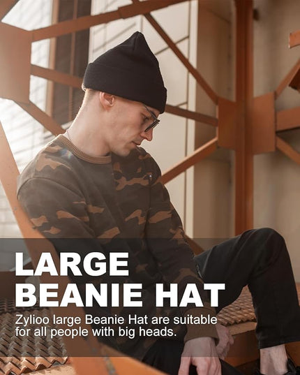 Zylioo Oversize Beanie Hats, XXL Big Size Ribbed Knit Cuffed Winter Hat for Cold Weather, Warm Skull Watch Cap