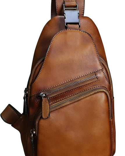 Genuine Leather Sling Bag Crossbody Purse Handmade Hiking Daypack Motorcycle Bag Retro Shoulder Backpack Vintage Chest Bag (Brown)