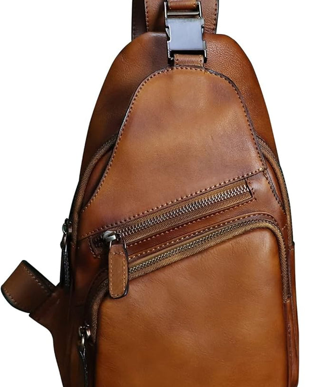 Genuine Leather Sling Bag Crossbody Purse Handmade Hiking Daypack Motorcycle Bag Retro Shoulder Backpack Vintage Chest Bag (Brown)