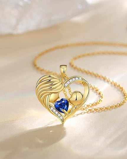 FANCIME Mom Birthstone Necklace Mother and Child Love Heart Necklace I Love You Mom Gifts Mothers Day Birthstone Jewelry Gifts for Grandmother Women Wife, 16"+2" Inches