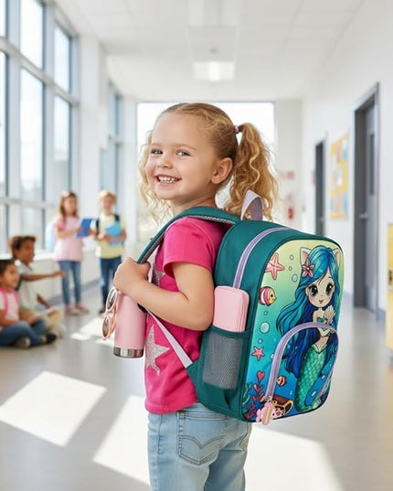 Kids Backpack for Boys and Girls, Kindergarten School Bag with Chest Strap (Teal Mermaid, 14 Inch)