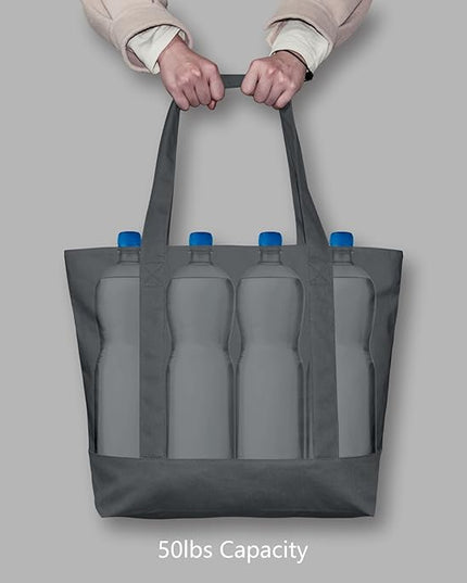 TOPDesign 1-Pack Canvas Tote Bag with an External Pocket, Reusable Grocery Shopping Bag, Top Zipper Closure, Daily Essentials (Grey)