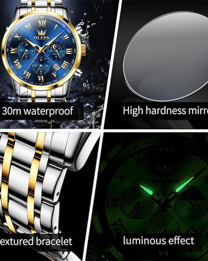 OLEVS Mens Watch Luxury Big Face Stainless Steel Analog Quartz Multifunctional Waterproof Luminous Date Two Tone Fashion Dress Wrist Watches for Man