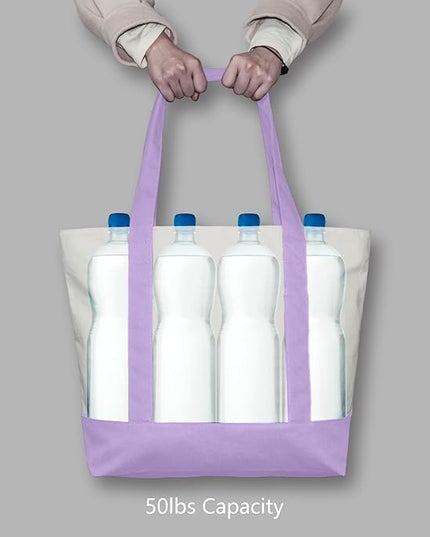 TOPDesign 3-Pack Canvas Tote Bags with an External Pocket, Reusable Grocery Shopping Bags, Top Zipper Closure, Daily Essentials (Lavender/Natural)