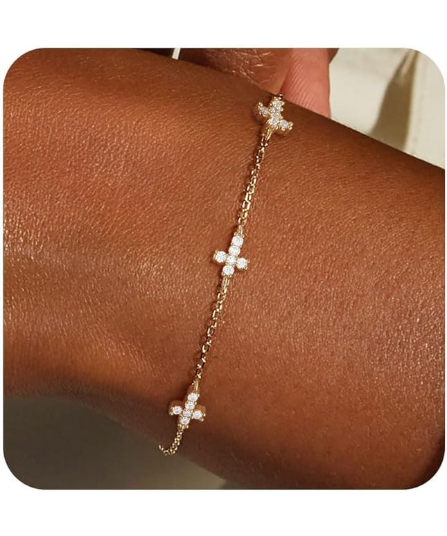 FUNEIA Dainty Silver Gold Bracelets for Women Trendy Non Tarnish 14K Gold Plated Waterproof Diamond Bracelets Cute Stackable Heart Butterfly Clover Cross Evil Eye Charm Bracelet Stack Jewelry Gifts