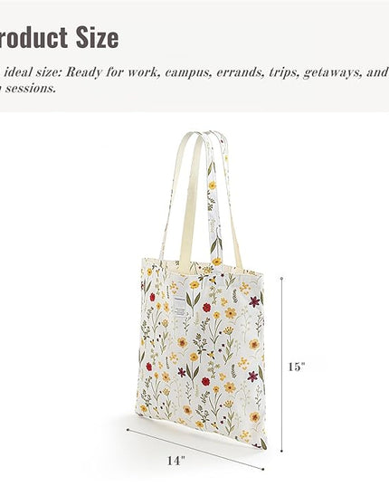 Floral Cotton Canvas Tote Bag for Women: 14x15 Inches Reusable Grocery Bag for Work, School, Travel, Gym