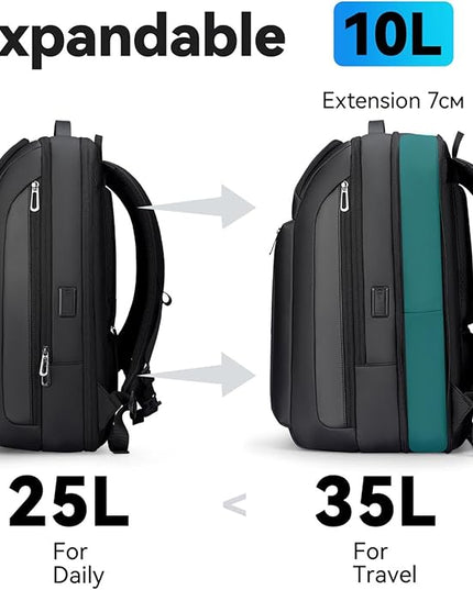 Muzee Business Backpack for Men, Travel Laptop Backpack Fits 15.6 Inch, Waterproof Expandable Bag 25L-35L, Black Work Daypack with USB & USB-C Charging Ports, Anti-Theft Pocket, Luggage Strap