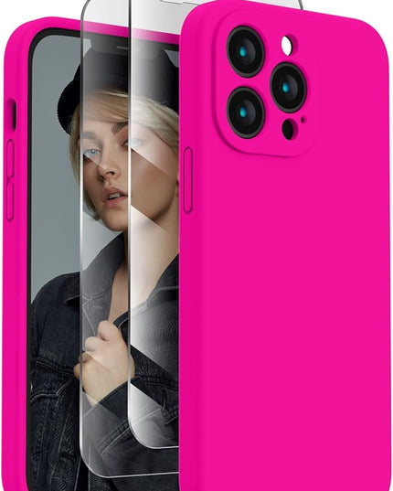 FireNova Designed for iPhone 13 Pro Max Case, Silicone [Camera Protection] Phone Case with [2 Screen Protectors], Soft Anti-Scratch Microfiber Lining Inside, 6.7 inch, Hot Pink