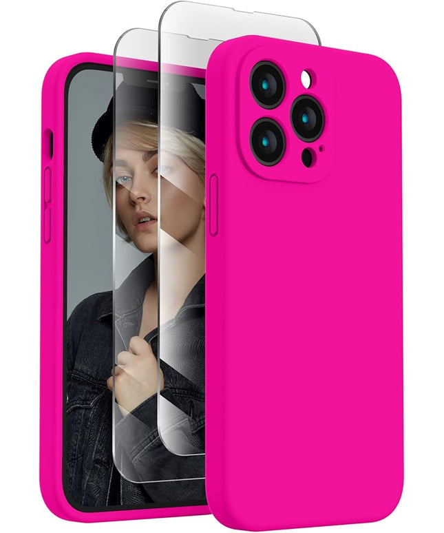 FireNova Designed for iPhone 13 Pro Max Case, Silicone [Camera Protection] Phone Case with [2 Screen Protectors], Soft Anti-Scratch Microfiber Lining Inside, 6.7 inch, Hot Pink