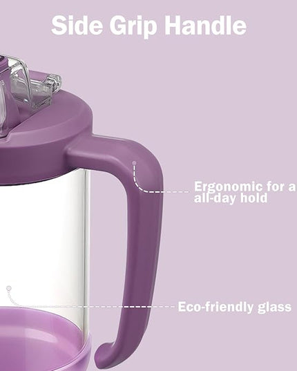 32oz Glass Water Bottle, 2-in-1 Straw and Sip Spout Lid, Leakproof Wide Mouth Tumbler with Handle, BPA-Free Reusable Bottle for Sports, Office, Outdoor, Lilac