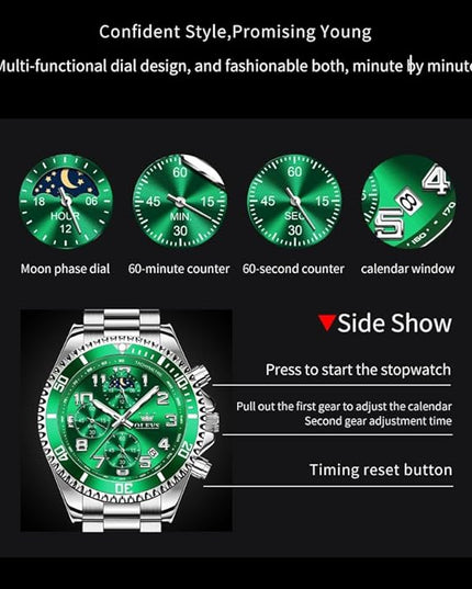 OLEVS Mens Watches Chronograph Watch Luxury Dress Stainless Steel Waterproof Watches for Men Moon Phase Luminous Business Calendar Wrist Watch Blue/Black/Green/Gold/Face