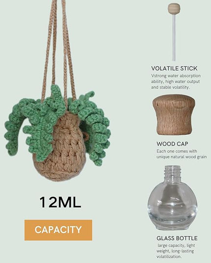 Handmade Crochet Hanging Car Air Freshener - Botanical Fern Leaf Design with 12ml Refillable Glass Essential Oil Bottle, Long-Lasting Car Diffuser & Nature-Inspired Decor