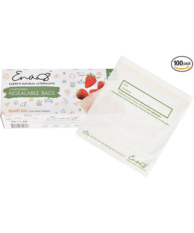 100% Compostable Food Storage Bags [Quart 100 Pack] Eco-Friendly Freezer Bags, Resealable Bags, Heavy-Duty, Reusable, Off-White by Earth's Natural Alternative