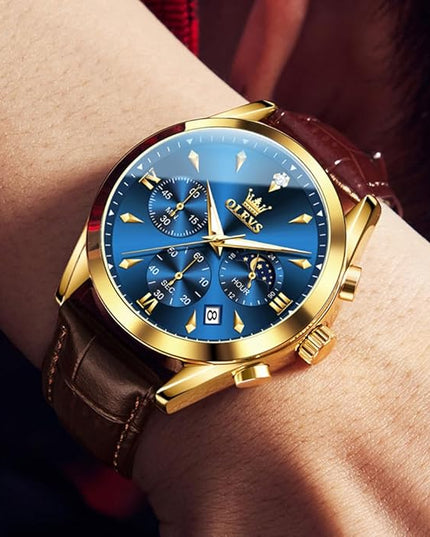 OLEVS Men's Watches Leather Strap Analog Quartz Watch, Fashion Big Dial Date Waterproof Watch, Dress Luxury Luminous Men Watches