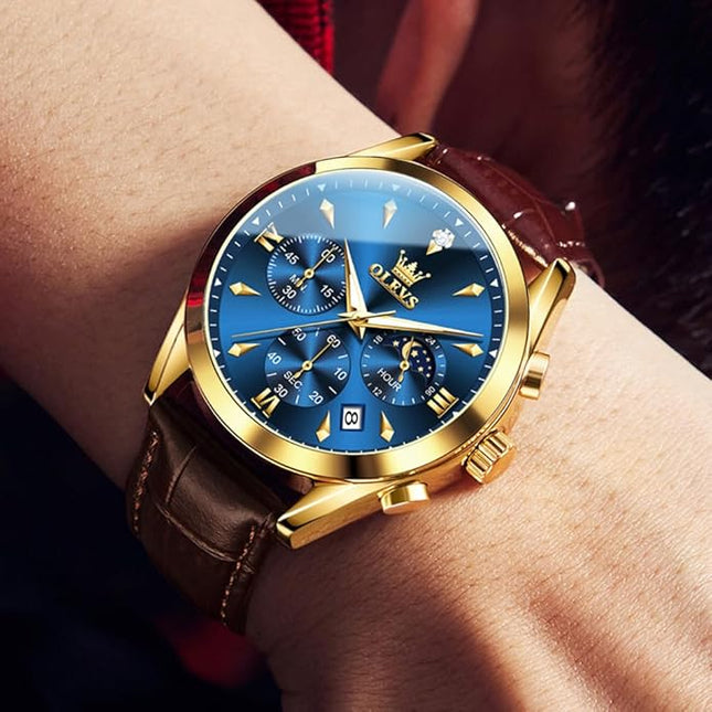 OLEVS Men's Watches Leather Strap Analog Quartz Watch, Fashion Big Dial Date Waterproof Watch, Dress Luxury Luminous Men Watches