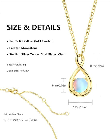 FANCIME 14K Solid Gold Birthstone Pendant with Sterling Silver Chain Infinity Gemstone Necklace Fine Jewelry Anniversary Birthday Christmas Gifts for Women Wife Her