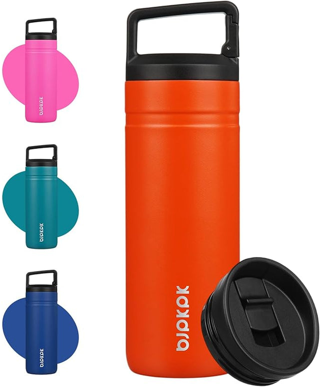 BJPKPK Insulated Water Bottle with 2 Lids,20 oz Double Wall Stainless Steel Vacuum Tumbler Travel Coffee Mug,Wide Mouth Thermal Cup,Orange