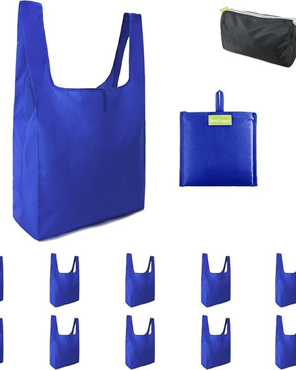 BeeGreen Blue Reusable Grocery Bags Wholesale Blue Reusable Kitchen Bags Bulk Foldable-Machine Washable with Zipper Storage Pouch 10 Packs