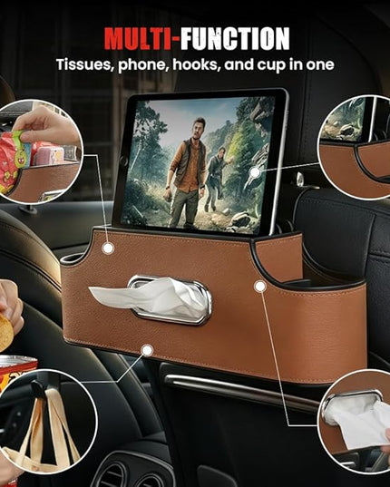 3-in-1 Back Seat Car Organizer, Car Seat Back Storage Box with Dual Cup Holders, Tissue Box, Trash Bin and Hooks, Multifunctional Back Seat Car Organizer for Travel and Daily Driving (Brown)
