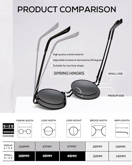 KALIYADI Round Polarized Sunglasses for Men Women Retro Metal Hippie Circle Style Sun Glasses UV Protection