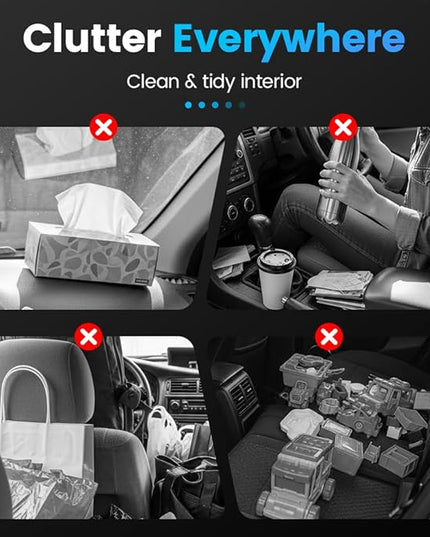 Back Seat Car Organizer, 4-in-1 Car Backseat Organizer with Cup Holder and Storage, Universal Leather Multifunctional Seat Back Storage with Tissue Box,Phone Holder, Trash Bin & Hooks (WHITE)