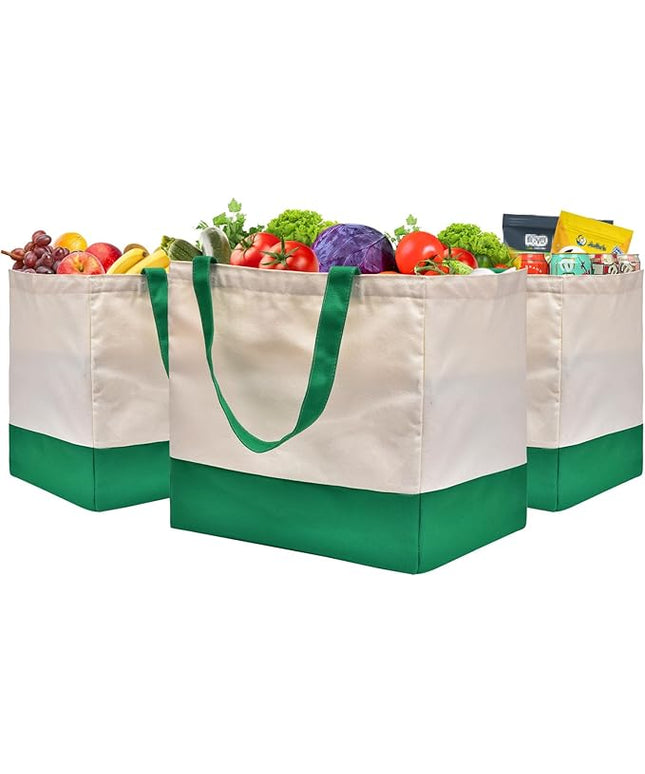 Canvas Reusable Grocery Bags Heavy Duty, 8.3 gal Foldable Large Canvas Tote Bag with Handles, Holds 60 lbs Shopping Bags, 3 Pack