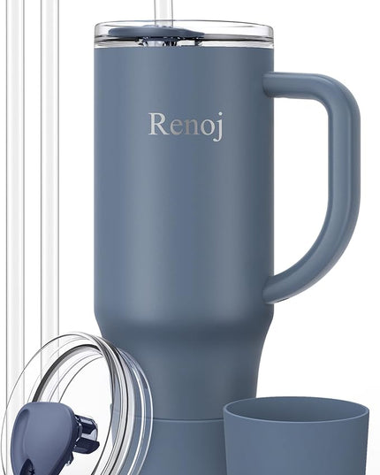 Renoj Tumbler with Handle 100% Spill Resistant Insulated Water Bottle for Iced Coffee & Hot Drinks - Fits Car Cup Holder, Ideal Gift, 2 Straws & Silicone Boot BPA-Free - FlexSlide Navy Blue 32 oz