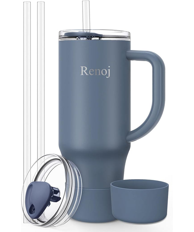 Renoj Tumbler with Handle 100% Spill Resistant Insulated Water Bottle for Iced Coffee & Hot Drinks - Fits Car Cup Holder, Ideal Gift, 2 Straws & Silicone Boot BPA-Free - FlexSlide Navy Blue 32 oz