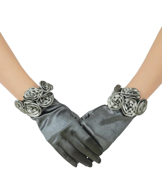 Short Satin Floral Gloves Elegant Wedding Dress Gloves for Opera Dinner Party Accessories