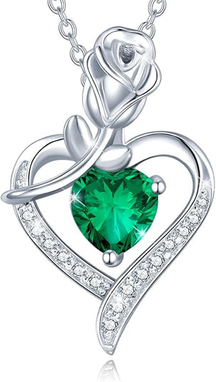 AGVANA Christmas Gifts Rosy Reverie Birthstone Necklace for Women Sterling Silver Genuine or Created Gemstone Rose Flower Heart Pendant Necklace Anniversary Birthday Gifts for Women Mom Wife Her