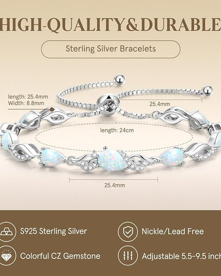 FANCIME Birthstone Teardrop Tennis Bracelet for Women, Sterling Silver 9x7mm main Gemstone Bolo Adjustable Chain Bracelet Fine Jewelry Birthday Gifts for Women Mom Wife Her