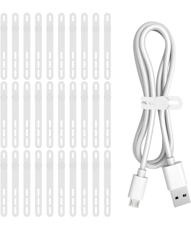 Donruby 30Pcs Silicone Cable Ties - Reusable & Washable with Adjustable Locking Buckles, High Elasticity Cable Management Straps for Home, Office, School, Travel Essential Cord Organizer (White)