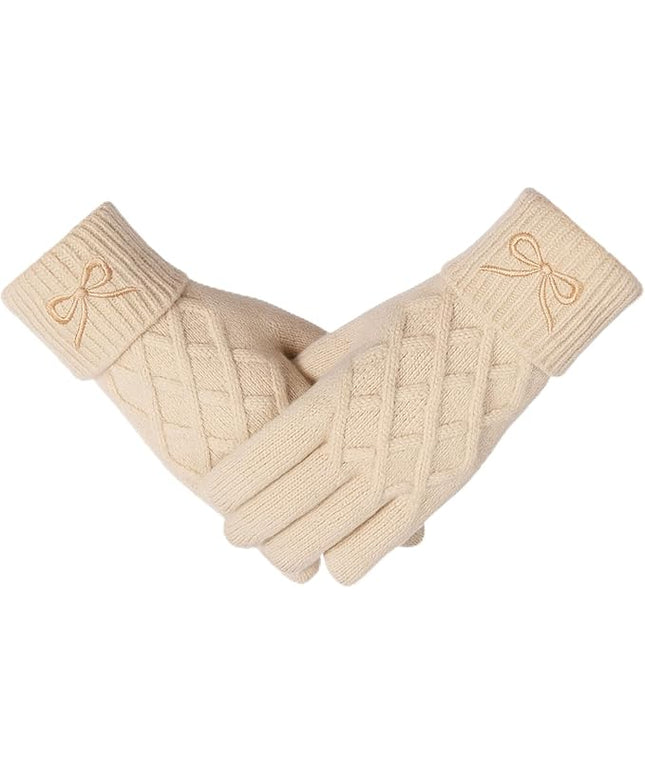 Liitrsh Women Winter Gloves with Embroidery Bow Touchscreen Warm Elastic Knit Lining Gloves for Cold Weather Gift