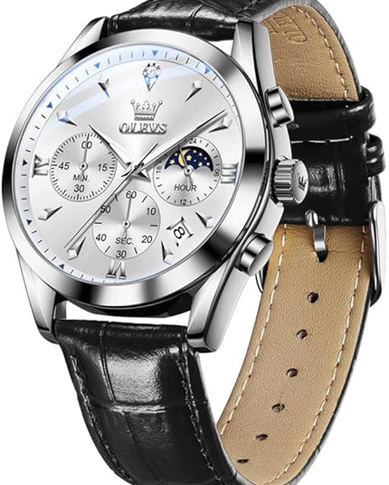 OLEVS Men's Watches Leather Strap Analog Quartz Watch, Fashion Big Dial Date Waterproof Watch, Dress Luxury Luminous Men Watches