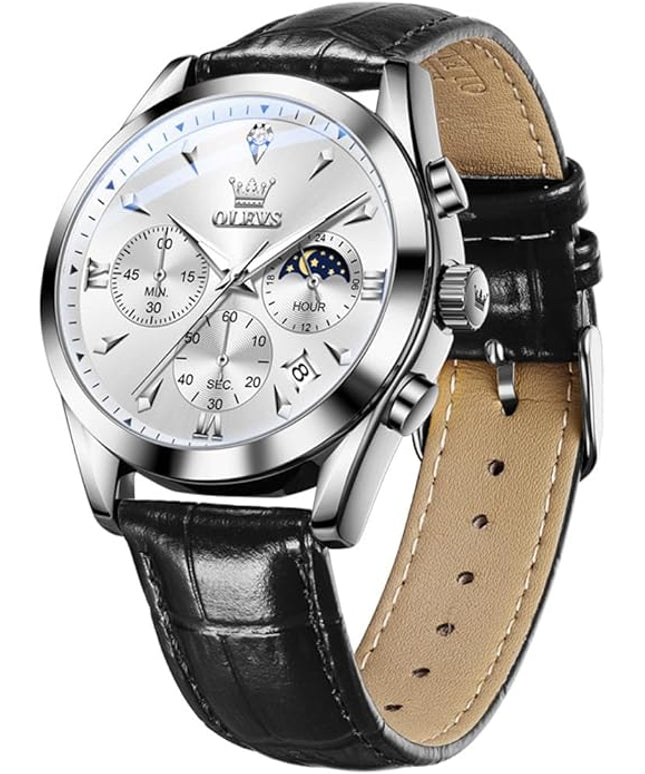 OLEVS Men's Watches Leather Strap Analog Quartz Watch, Fashion Big Dial Date Waterproof Watch, Dress Luxury Luminous Men Watches