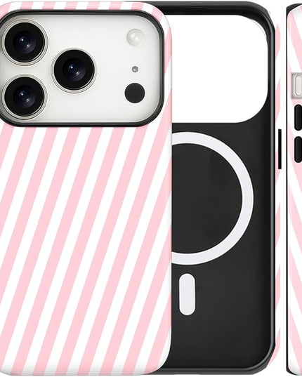 Magnetic for iPhone 17 Pro Max Case Cute Diagonal Stripes Phone Case, Shockproof Slim TPU and Hard PC Protective Phone Cover Compatible with MagSafe Designed for Women Girls,Pink