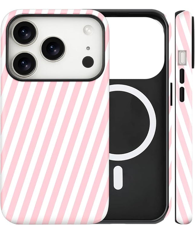 Magnetic for iPhone 17 Pro Max Case Cute Diagonal Stripes Phone Case, Shockproof Slim TPU and Hard PC Protective Phone Cover Compatible with MagSafe Designed for Women Girls,Pink