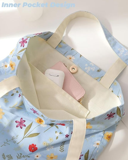 Floral Cotton Canvas Tote Bag for Women: 14x15 Inches Reusable Grocery Bag for Work, School, Travel, Gym