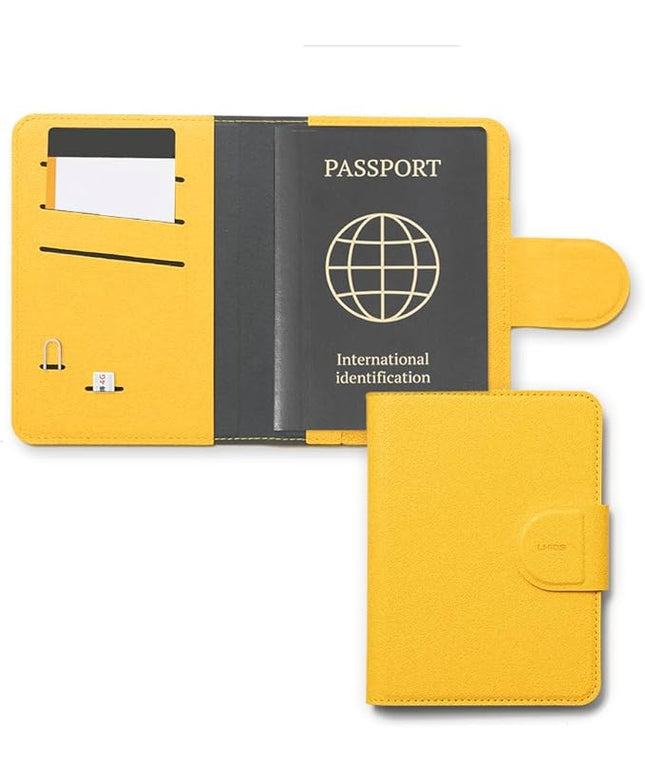 LHiDS Leatherette Passport Holder with RFID Protection, Premium PU Leather, Snap Button Closure, Travel Passport Wallet Cover for Passport, Boarding Passes, Business Cards, Cash (Yellow)