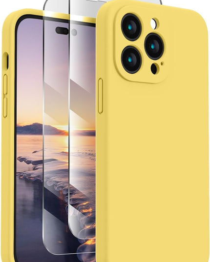 FireNova Designed for iPhone 14 Pro Case, Silicone Upgraded [Camera Protection] Phone Case with [2 Screen Protectors], Soft Anti-Scratch Microfiber Lining Inside, 6.1 inch, Yellow