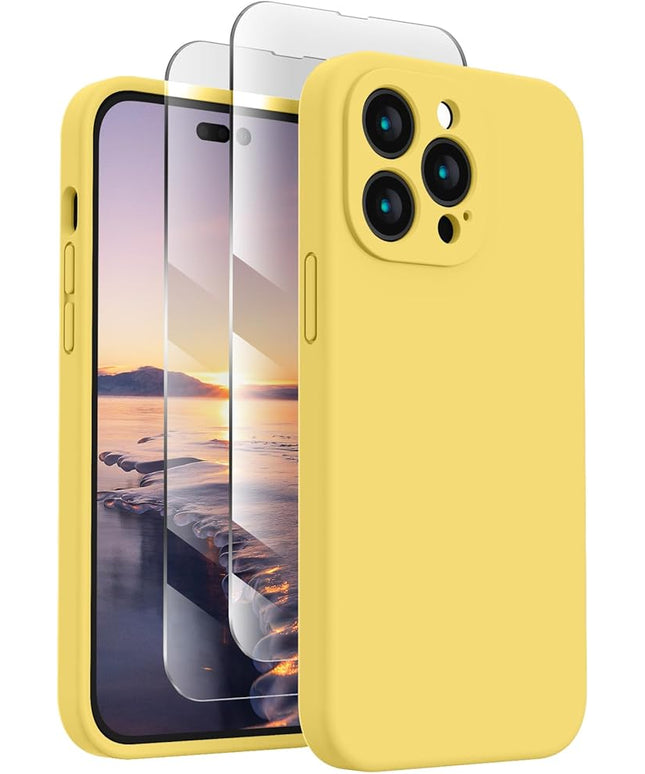 FireNova Designed for iPhone 14 Pro Case, Silicone Upgraded [Camera Protection] Phone Case with [2 Screen Protectors], Soft Anti-Scratch Microfiber Lining Inside, 6.1 inch, Yellow