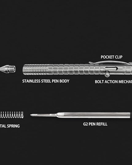 Metal Bolt Action Pen: Heavy-Duty Stainless Steel EDC Ballpoint Pen with Retractable Mechanism and Pocket Clip - Refillable, Designed for Smooth Writing