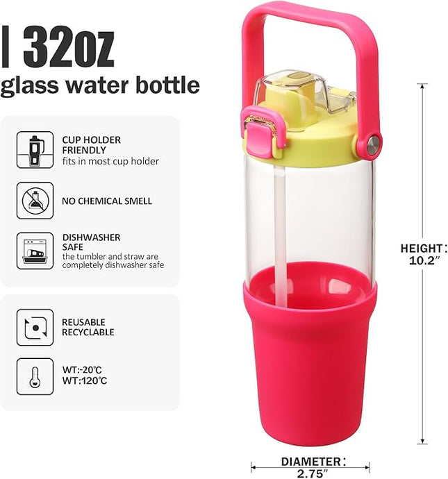 Glass Tumbler with Carry Handle, Clear Glass Water Bottle with Leakproof Lid, Spout Lid&Straw, BPA-Free, 32 oz, Bright Pink