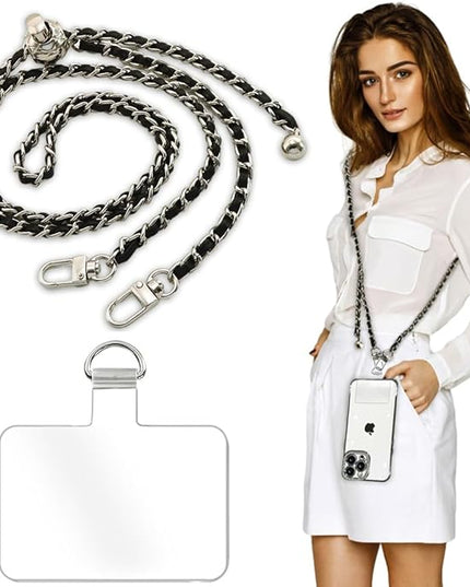 Cell Phone Lanyard Phone Crossbody Chain, Adjustable Phone Straps,Leather+Metal Shoulder Strap Cellphone Chain with Tether Patches Compatible with Most Phones Bag Purse Black