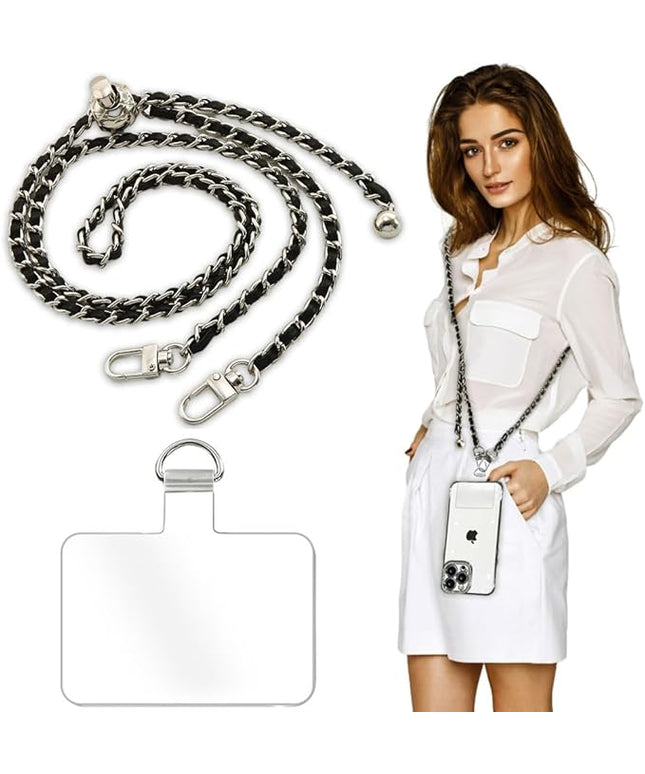Cell Phone Lanyard Phone Crossbody Chain, Adjustable Phone Straps,Leather+Metal Shoulder Strap Cellphone Chain with Tether Patches Compatible with Most Phones Bag Purse Black