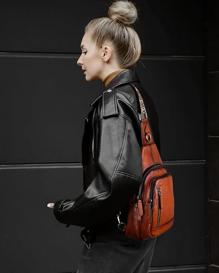 HESHE Leather Sling Bag for Women Crossbody Bags with Multi-Pocket Stylish Fanny Packs for Travel Chest Bag